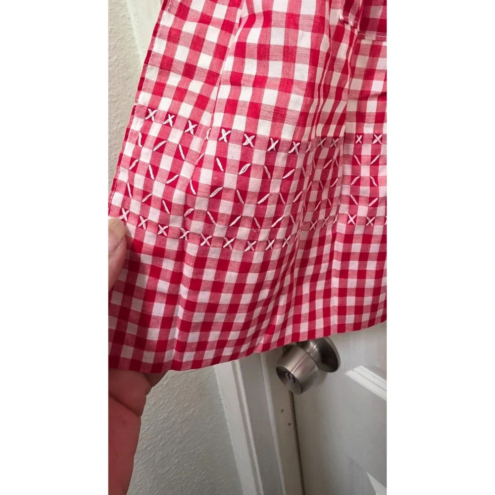 Red & White Gingham Smocked Apron Decorative Stitching & Side Pocket